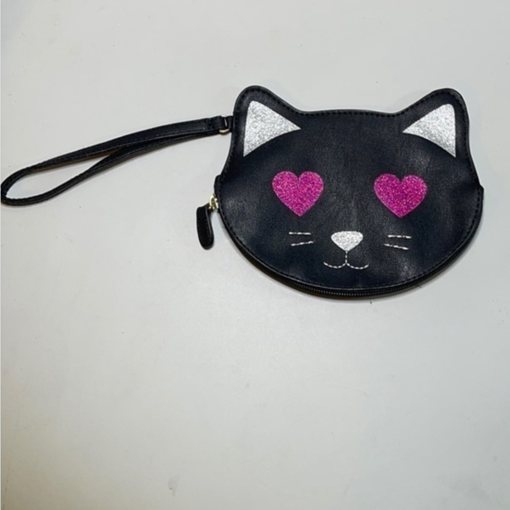 BETSEY JOHNSON PURSE BLACK PINK CAT WRISTLET KEY BAG PINK GLITTER HEART EYES NEW - Picture 1 of 10
